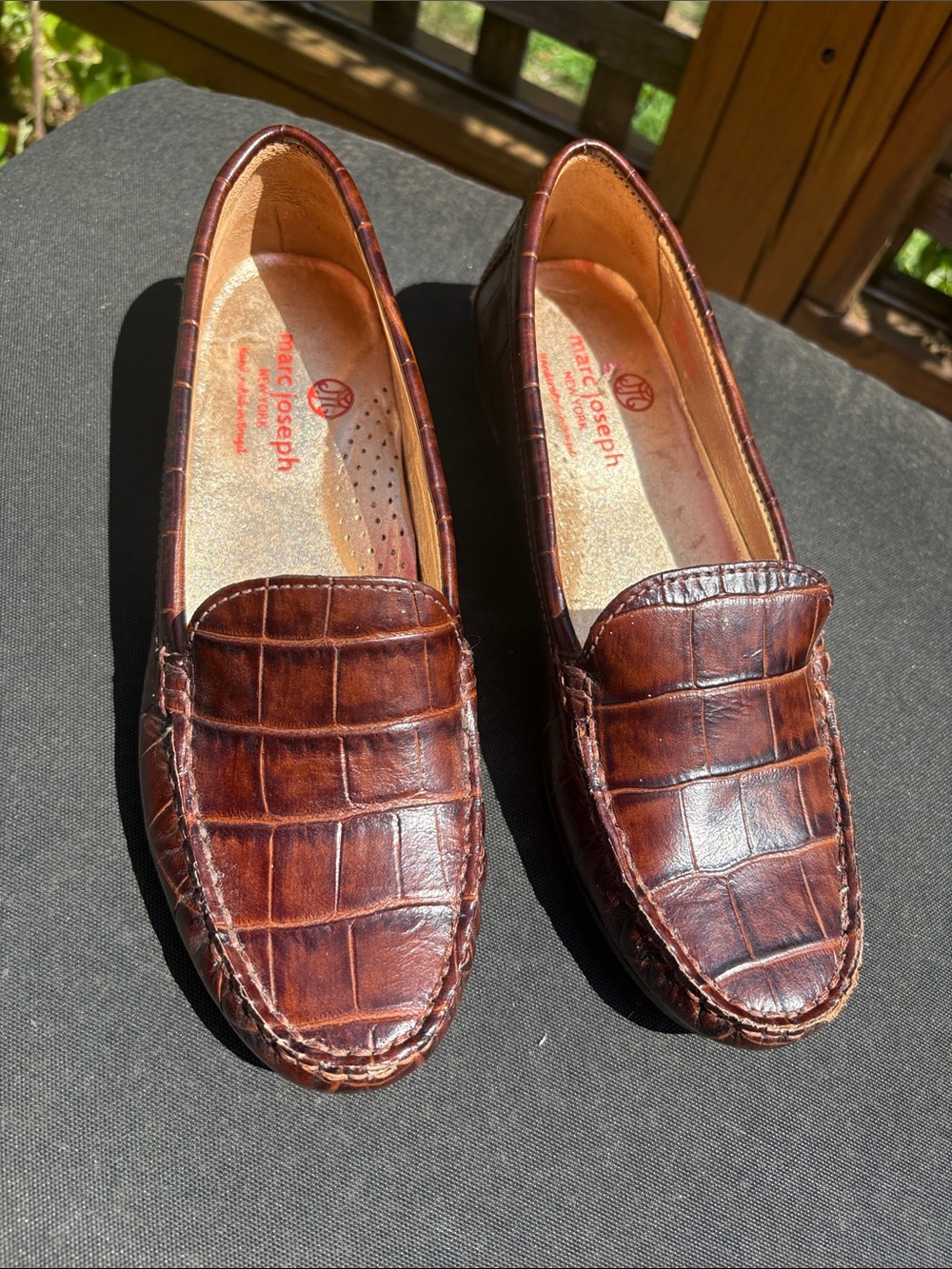 brown croc-embossed leather loafers from Marc Joseph New York